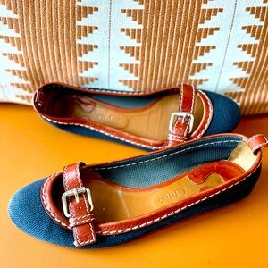 Chloé navy canvas & leather buckle ballet flats (39)